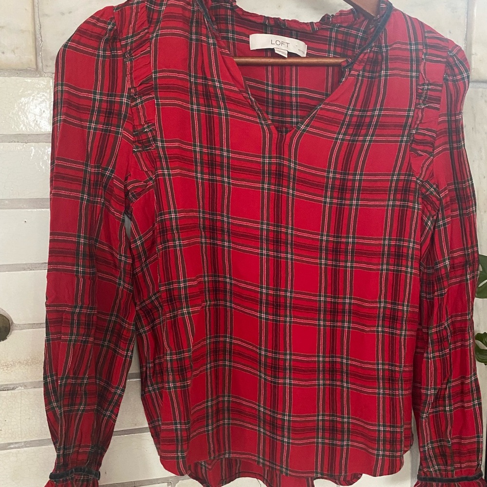LOFT Red Plaid V-Neck Long Sleeve Blouse